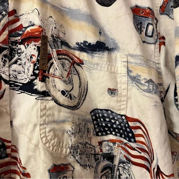 VTG North River Outfitters Men's MOTORCYCLE USA FLAG HIGHWAY Shirt Size XL - Picture 3 of 5